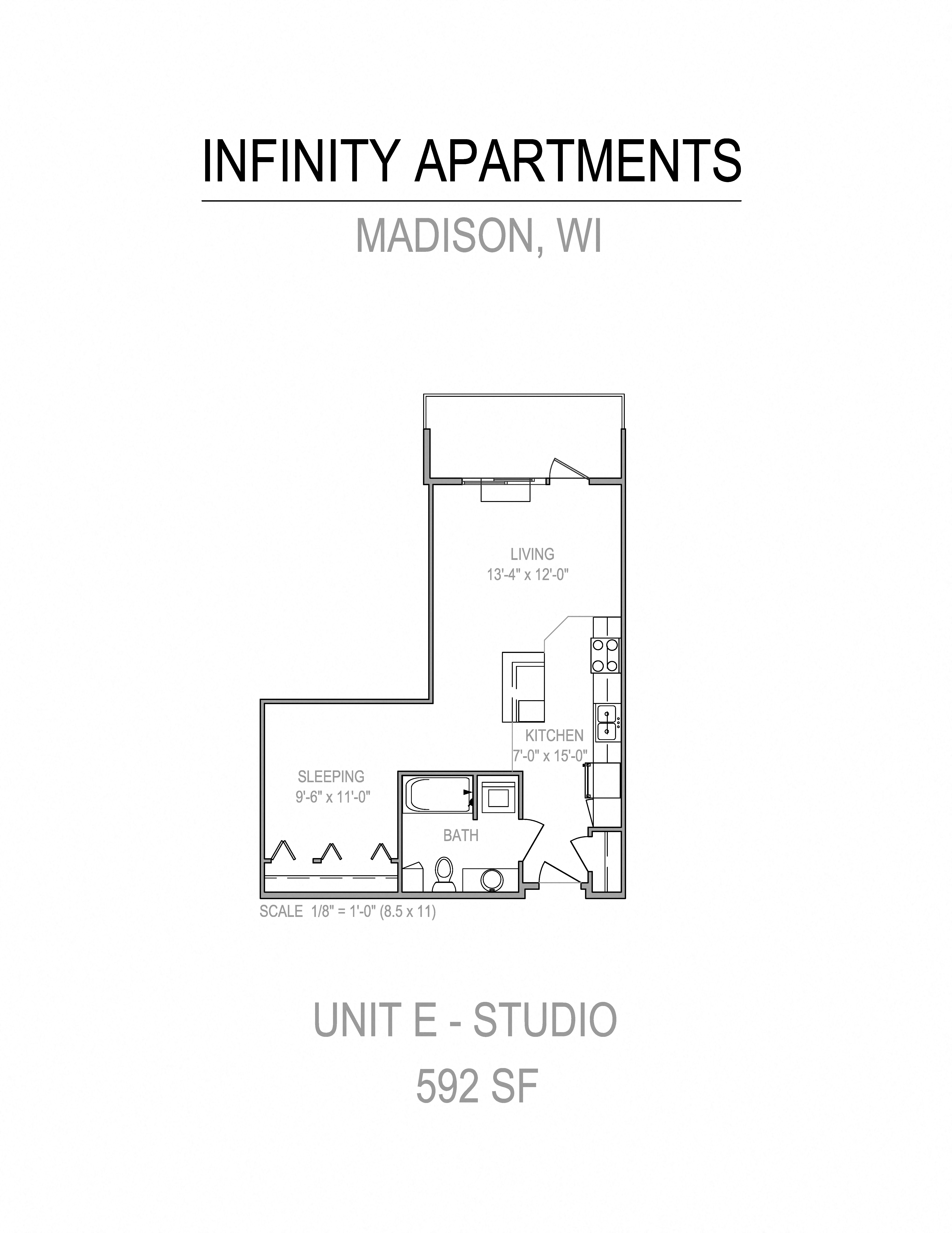 Floor plan for studio, 1 bath, 596 sqft